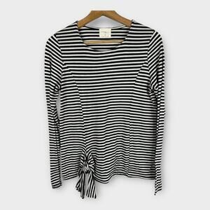 T.la Anthropologie Womens size XS Front Tie Long Sleeve Striped Top Black White